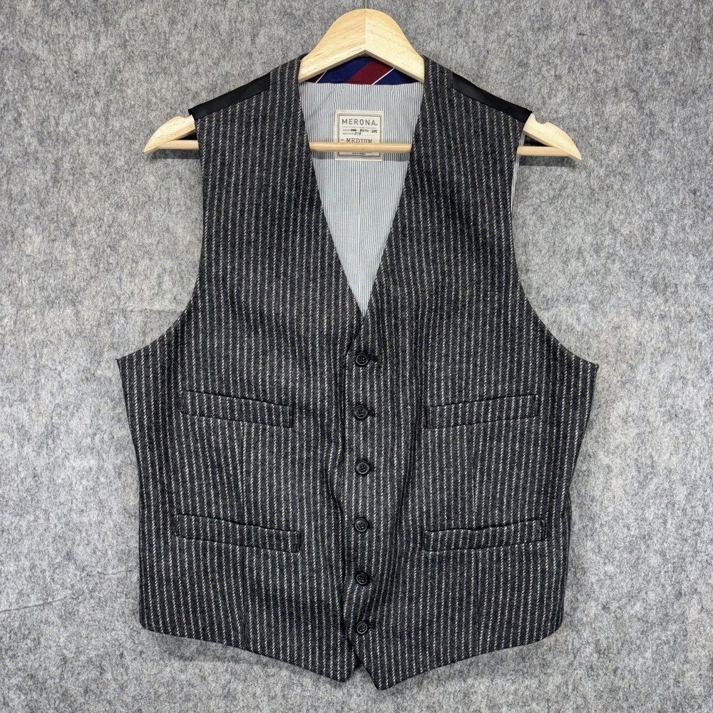 Merona Pinstripe Waistcoat Vest‎ Men's Medium Tweed Wool Blend Buckleback Retro